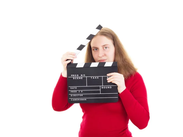 Femme souriante avec clapperboard dans ses mains — Photo