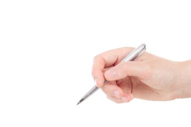 Caucasian hand with silver coloured pen clipart