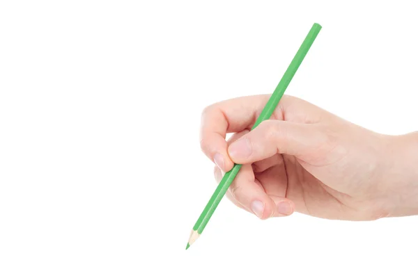 Mão branca com lápis verde — Fotografia de Stock