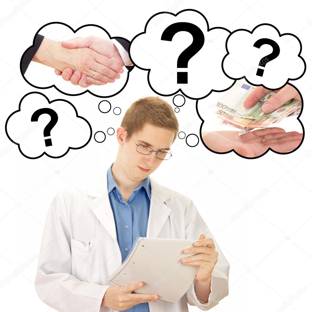 Young man thinking about his job as medical doctor