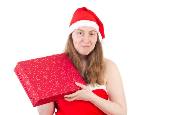 Smiling young Mrs. Claus with red gift — Stock Photo, Image