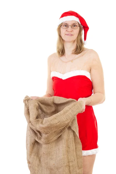 Mrs. Claus after work with empty jute bag — Stock Photo, Image