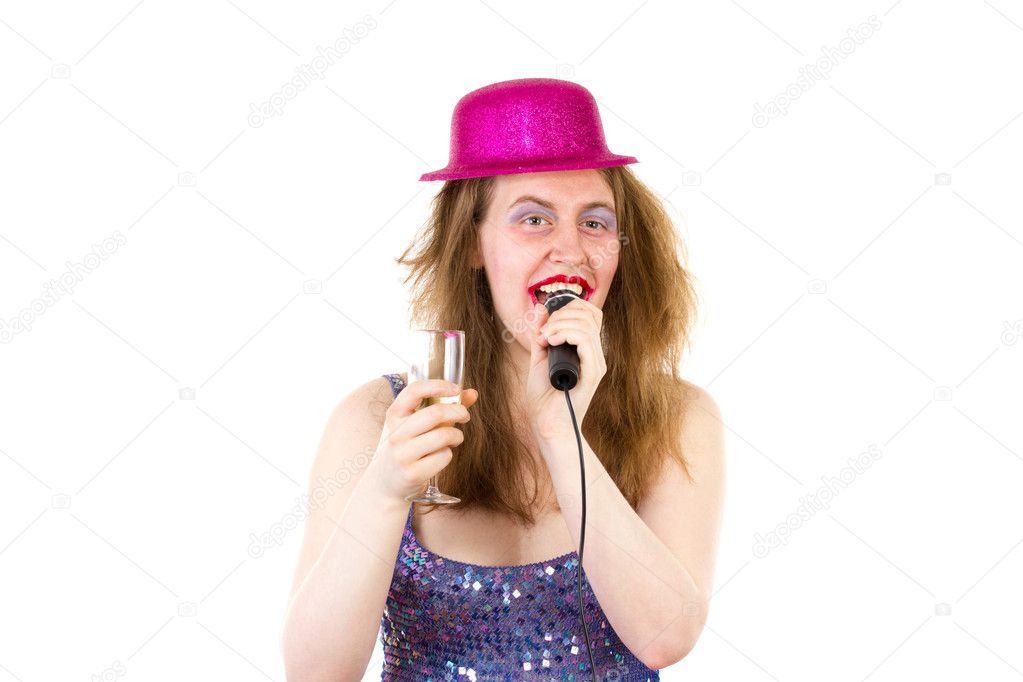 Woman singing karaoke and drinking sparkling wine