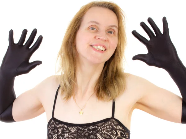 Mujer atractiva bailando sobre fondo blanco — Foto de Stock