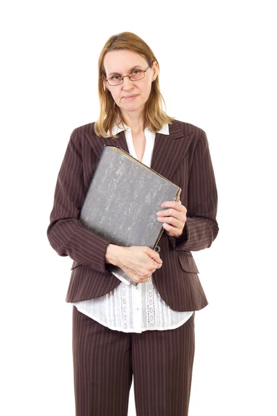 Serious businesswoman holding ring binder with old documents — Stock Photo, Image