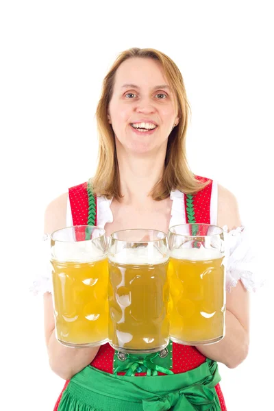 Empregada bávara que serve cerveja no Oktoberfest — Fotografia de Stock