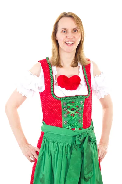 Mulher loira em vermelho dirndl esperando por seu dia dos namorados — Fotografia de Stock