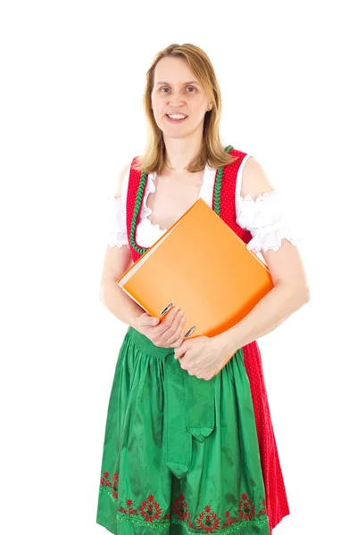 Bavarian waitress with ring binder awaiting next guest — Stock Photo, Image