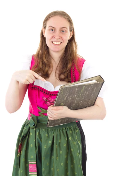 Mooie vrouw in dirndl tevreden over haar succes — Stockfoto