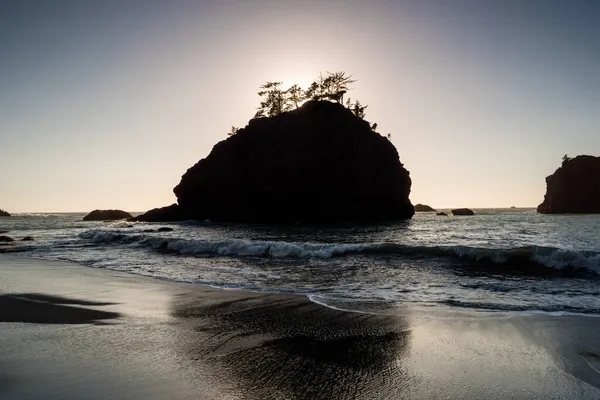 Silhouette Una Roccia Con Pini Sulla Spiaggia Segreta — Foto Stock