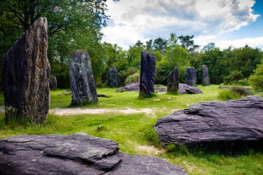 Standing and fallen menhirs near Monteneuf in Brittany, France