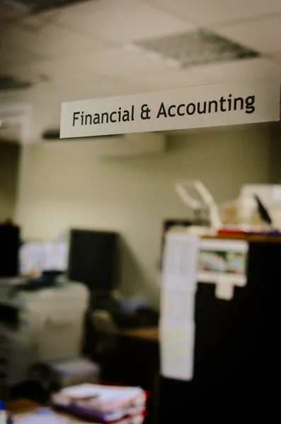 Financial and accounting room, focus only sticker outside room — Stock Photo, Image