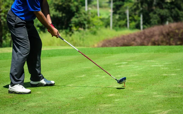 Golf sopa ve top yeşil çimenlerin üzerinde oyuncu vurmak — Stok fotoğraf