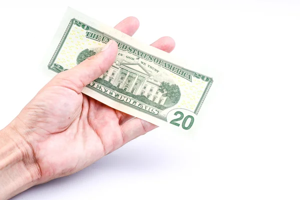 Hand met dollars op witte achtergrond concept — Stockfoto