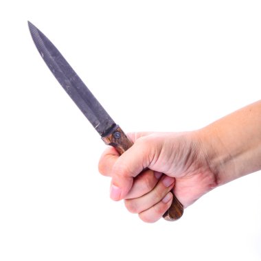 Beyaz bir arka plan üzerinde izole elinde kirli bıçak