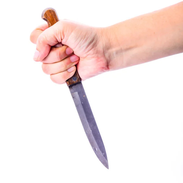 Dirty knife in hand isolated on a white background — Stock Photo, Image