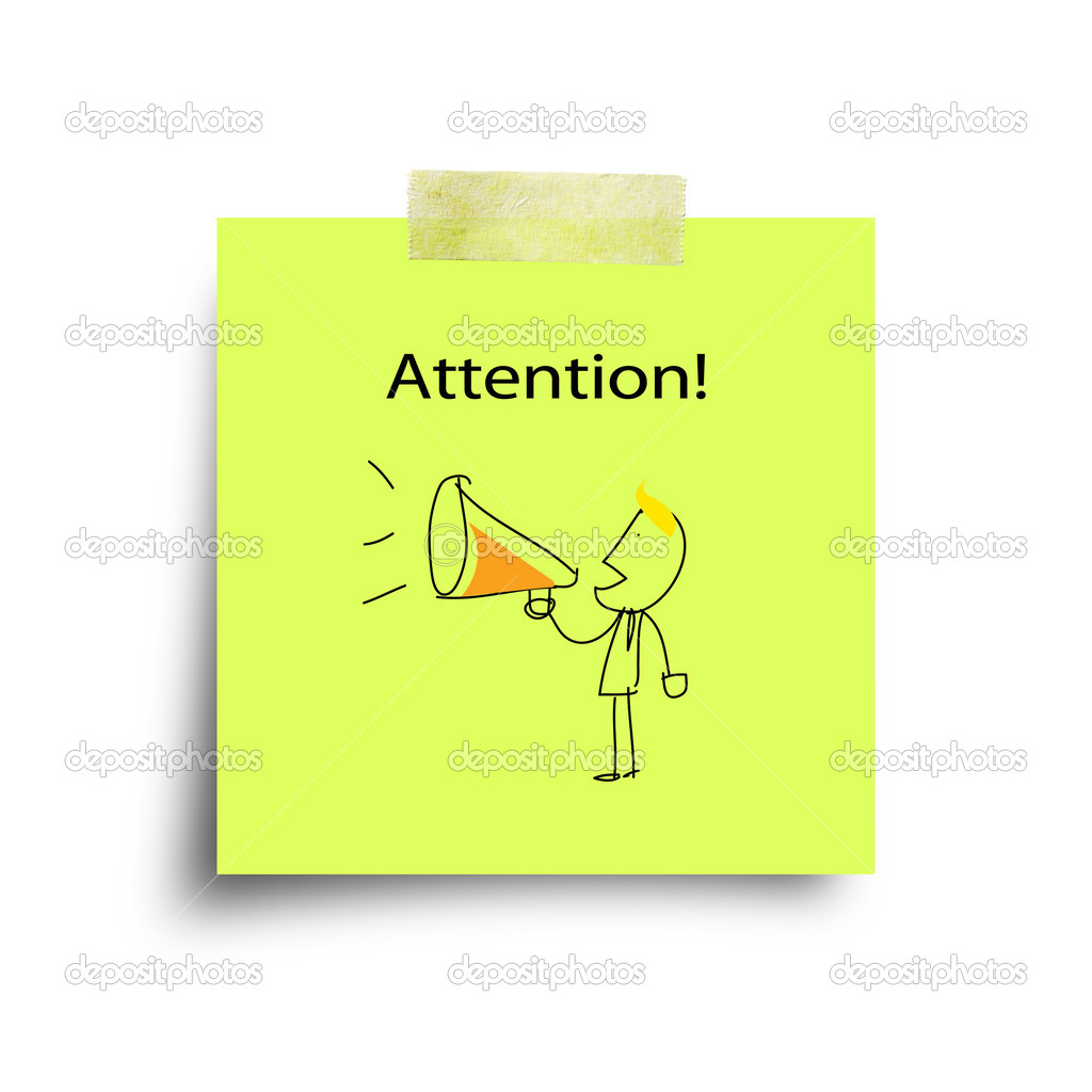 Attention on green paper note with sticky tape isolated on white