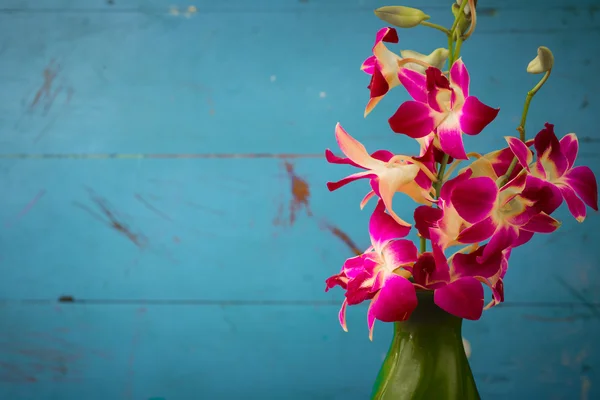 木製の壁と緑の花瓶の紫色の蘭の花 — ストック写真