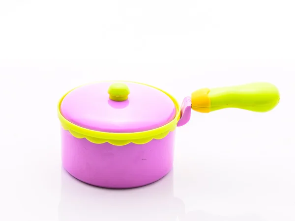 Pink and yellow Child plastic pot cooking toy — Stock Photo, Image