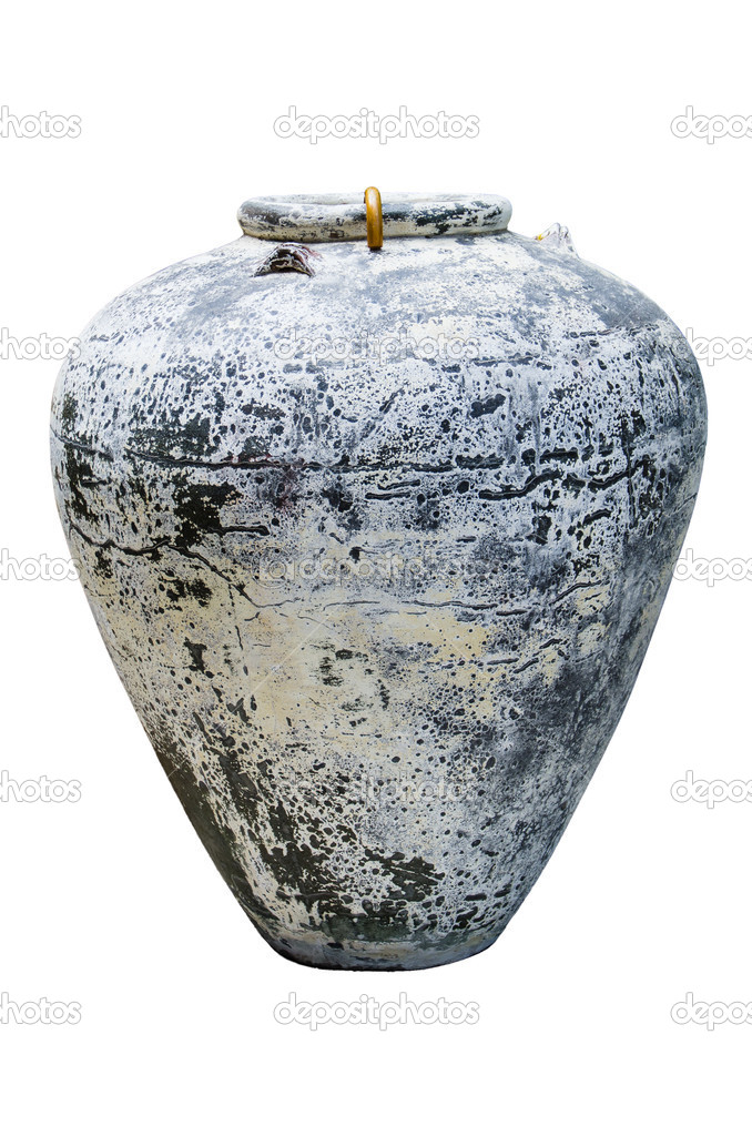 Old big clay jar isolated on white background