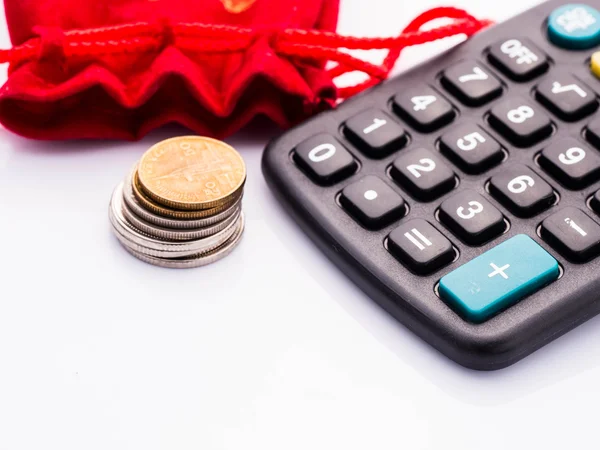 Thai coins and calculator isolated on white,money manage concept — Stock Photo, Image