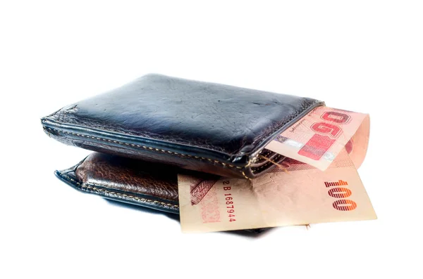 Old black wallet with credit cards and Thai Baht on white backgr — Stock Photo, Image