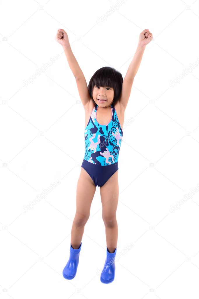 Cute smiling little girl in swimsuit isolated on white backgroun