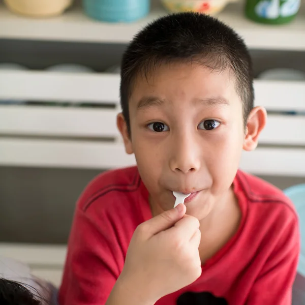 Азиатский мальчик наслаждается шоколадным мороженым — стоковое фото