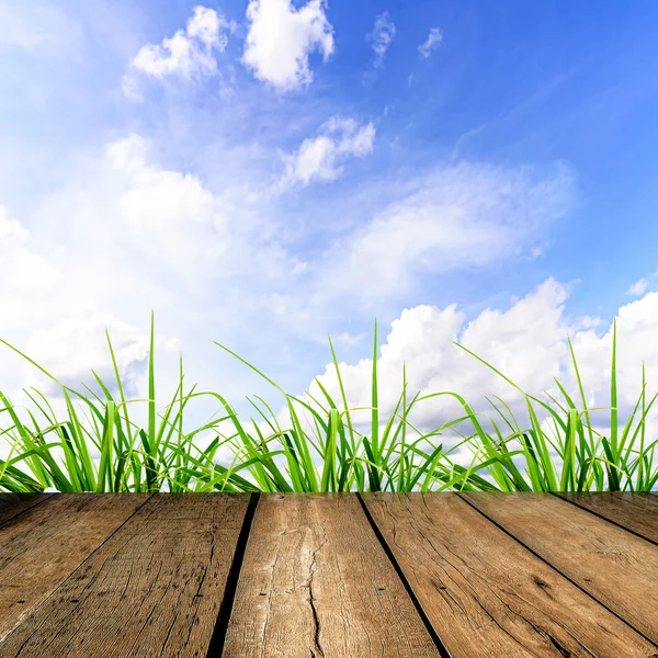 Wood floor with cloud and blue sky — Stock Photo, Image