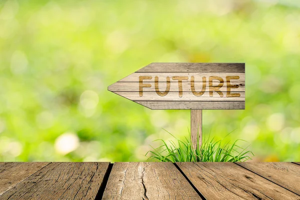 将来のメッセージの木製看板ボード上で草やボケ味の backgro — ストック写真