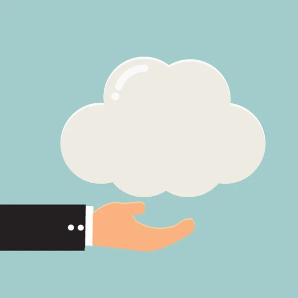 Το cloud computing, επιχειρηματίας, κρατώντας το σύννεφο με αντίγραφο σε κοντινό πλάνο — Διανυσματικό Αρχείο