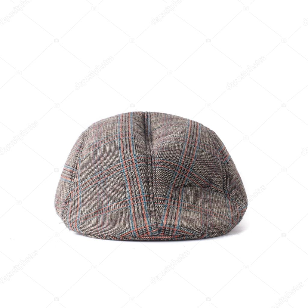 Flat cap in grey and brown tweed isolated on white background