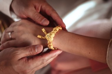 Groom presenting the golden bracelet as a blessing in Thai weddi clipart
