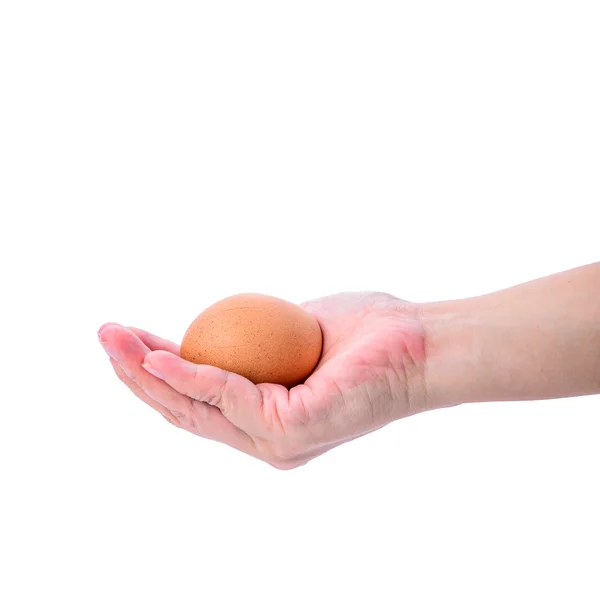 Œuf de poulet chez la femme isolé à la main sur blanc . — Photo