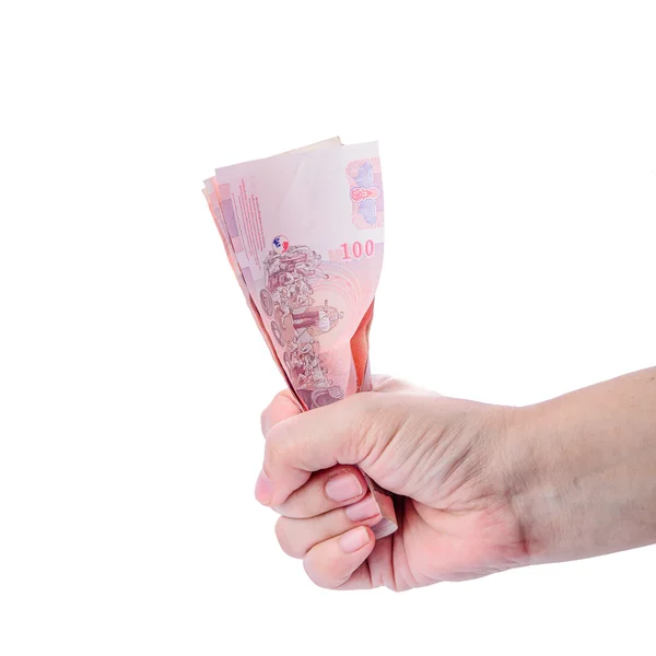 Hand holding Thai money isolated on white. — Stock Photo, Image