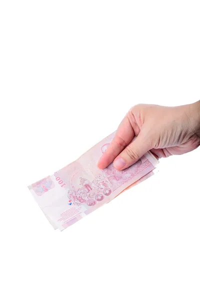 Tayland para üzerinde beyaz izole tutmak el. — Stok fotoğraf