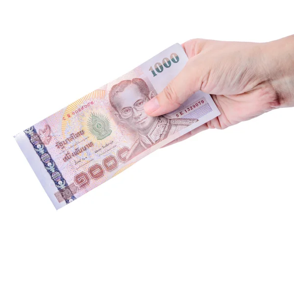 Hand holding Thai money isolated on white. — Stock Photo, Image