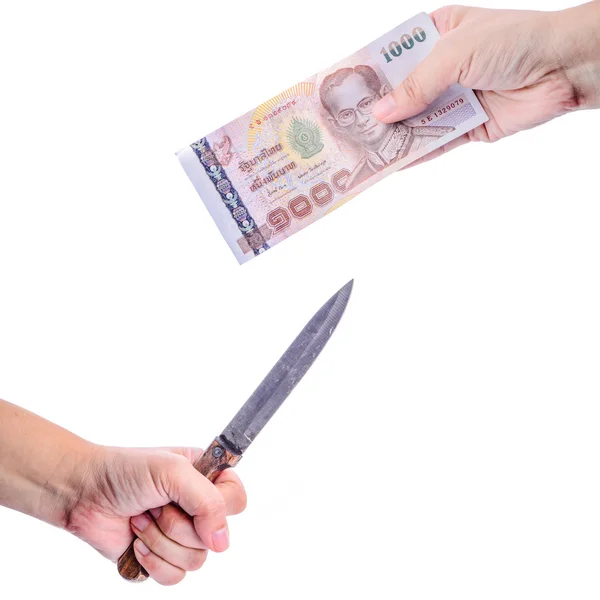 Man with knife threatening a woman to give money — Stock Photo, Image