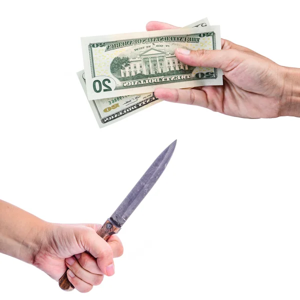 Hombre con cuchillo amenazando a humano para dar dinero — Foto de Stock