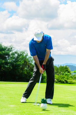 takımlarını sallanan ve f tee golf topu vurmak golfçü