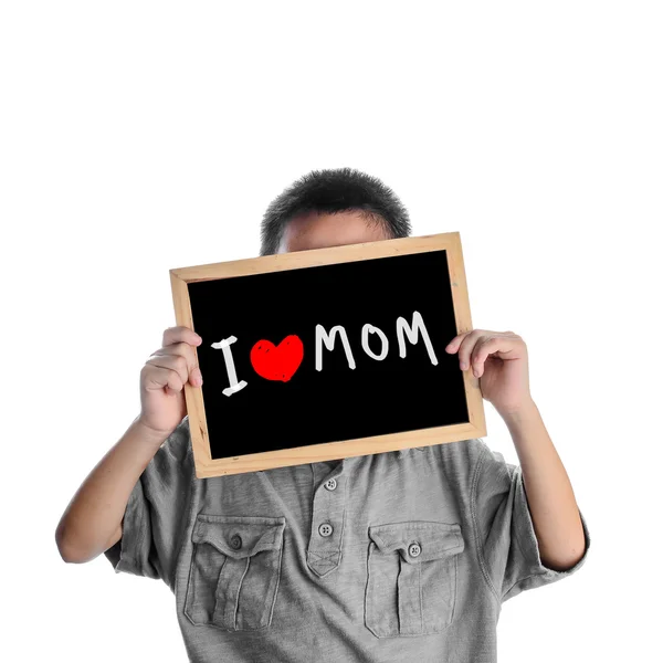 Asiatic baiat holding cu dragoste mama mesaj pe negru bord, dragoste mama — Fotografie, imagine de stoc