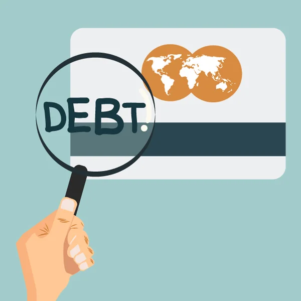 クレジット カードはガラスを拡大し、大きな負債を見るベクトル. — ストックベクタ