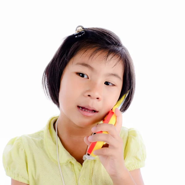 Menina asiática com telefone celular, Isolado no branco — Fotografia de Stock