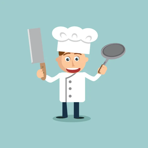 Молодий шеф-кухар з ножем і сковородою в руках . — стоковий вектор