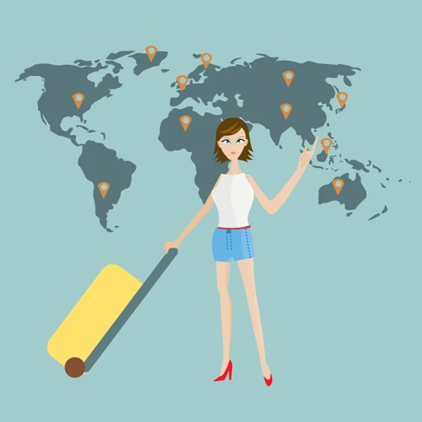 Sexy dama con un viaje de equipaje por aire alrededor del mundo con varita — Vector de stock