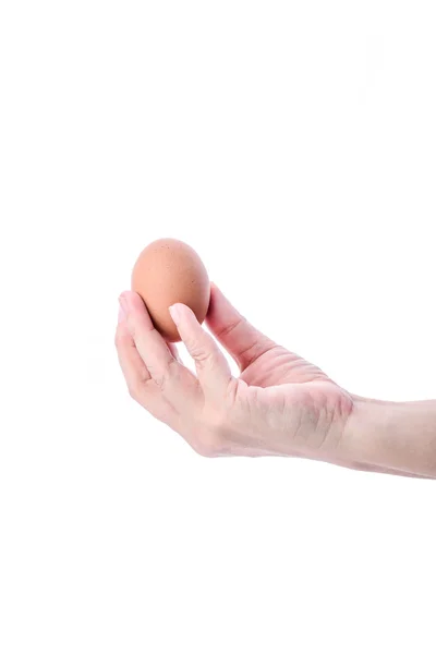 A nő kezében elszigetelt fehér csirke tojás. — Stock Fotó