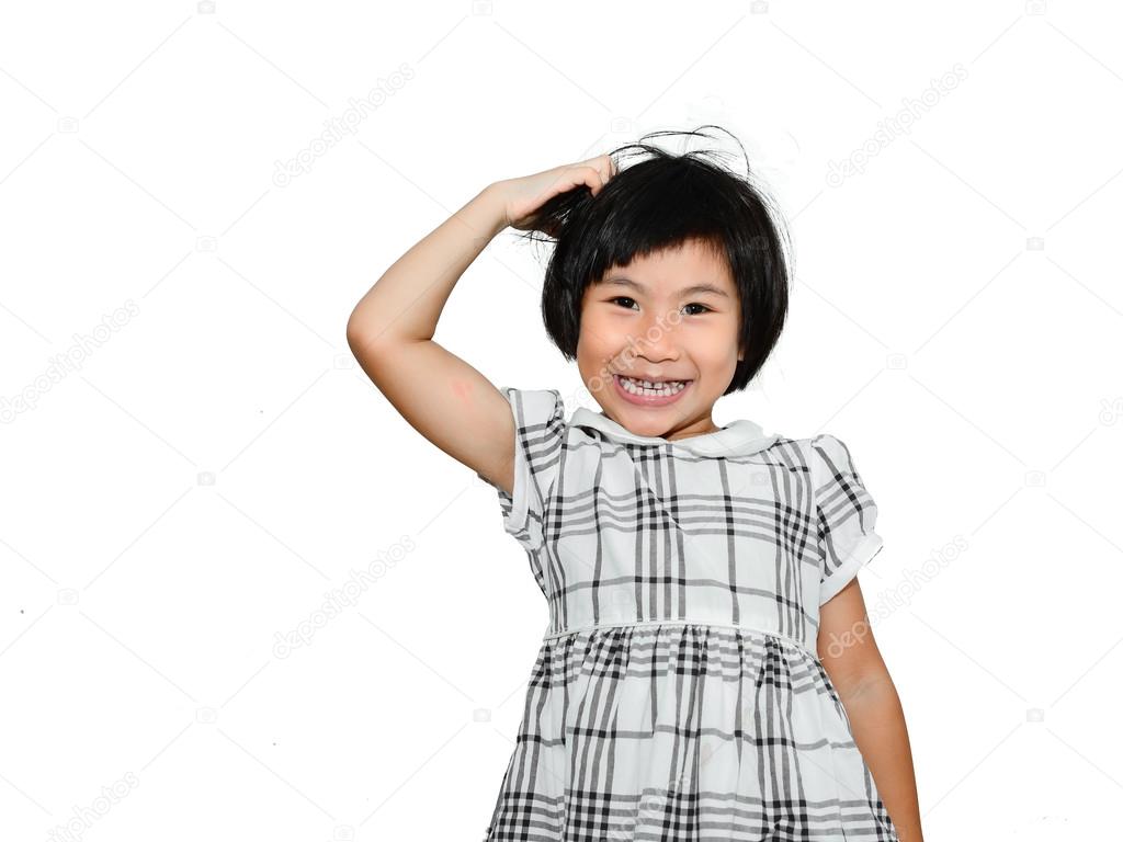 Happy Asian girl scratching her head and smiling