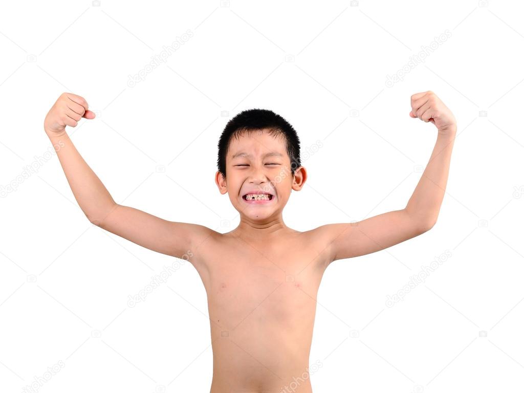 Thin boy showing his muscles isolated on white background