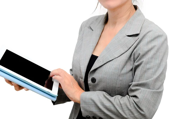 Geschockte Geschäftsfrau mit digitalem Tisch — Stockfoto
