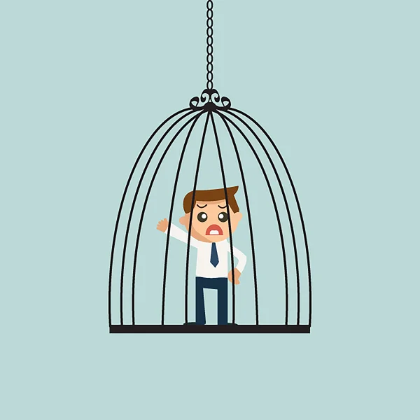 Businessman stuck in the birdcase. — Stock Vector